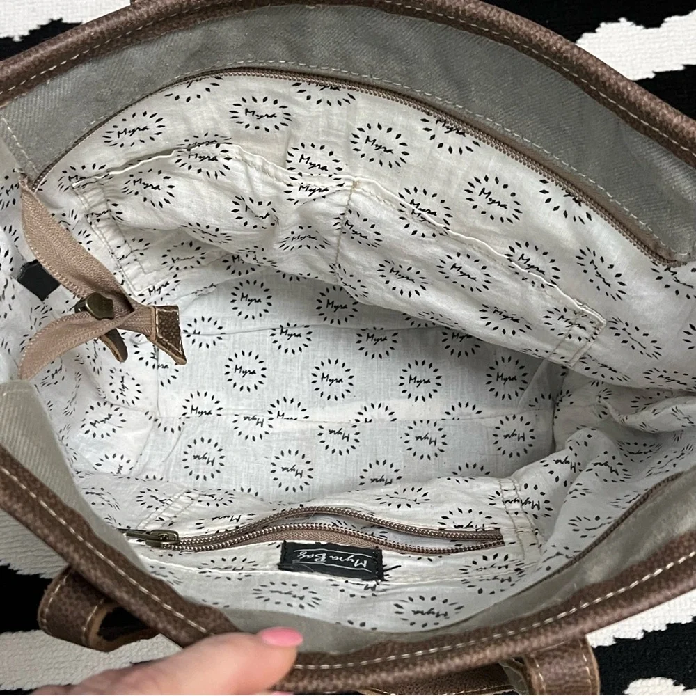 Myra Bag Beige Tribal Patterned Tote Bag Canvas Calf Hair Leather Straps